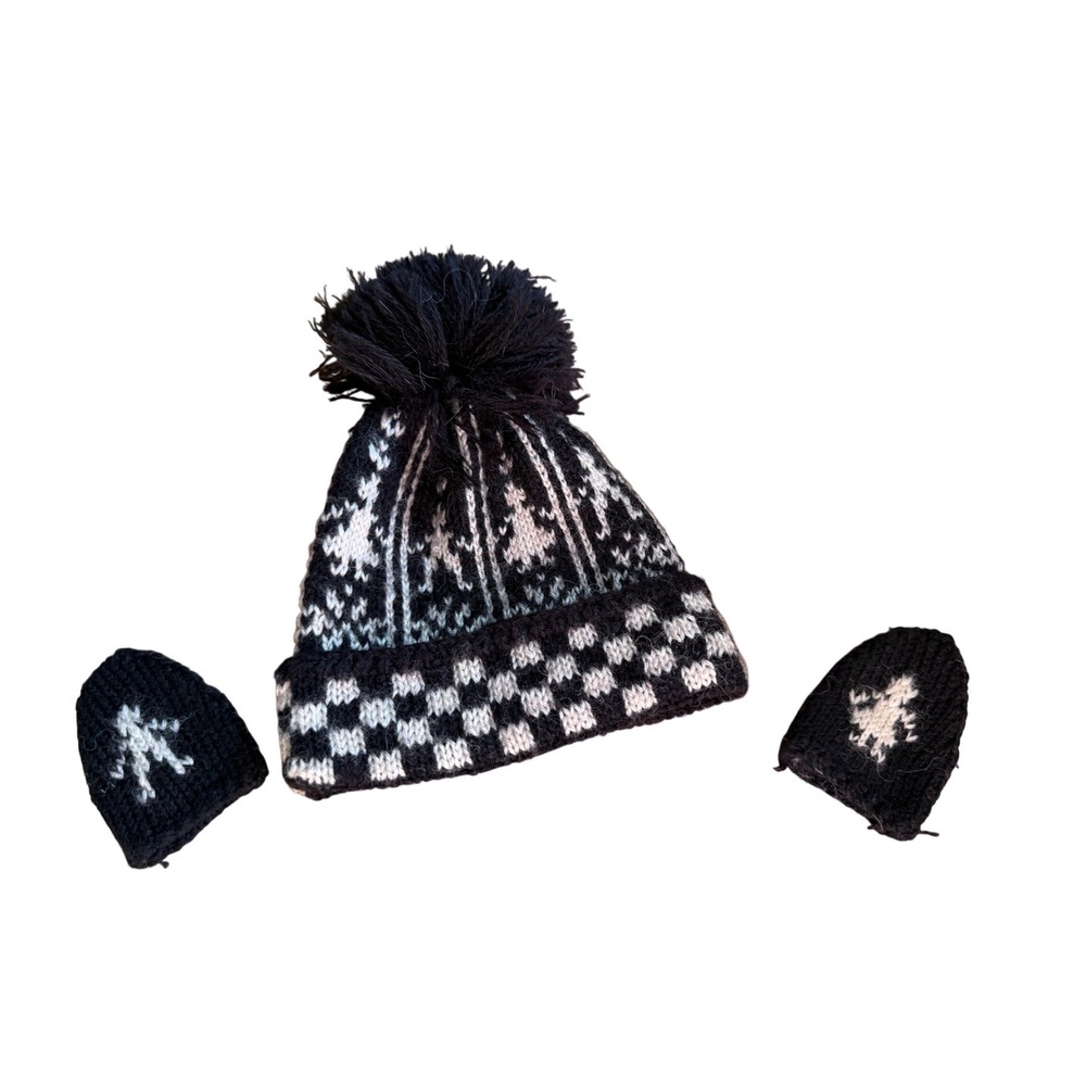 Vintage 1989 Pleasant Company Hand-Knitted Beanie and Mittens Set Black White